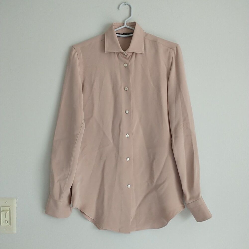Loro Piana Blouse Shirt Top Womens IT36 US S Beige Silk Button Long Sleeve*READ